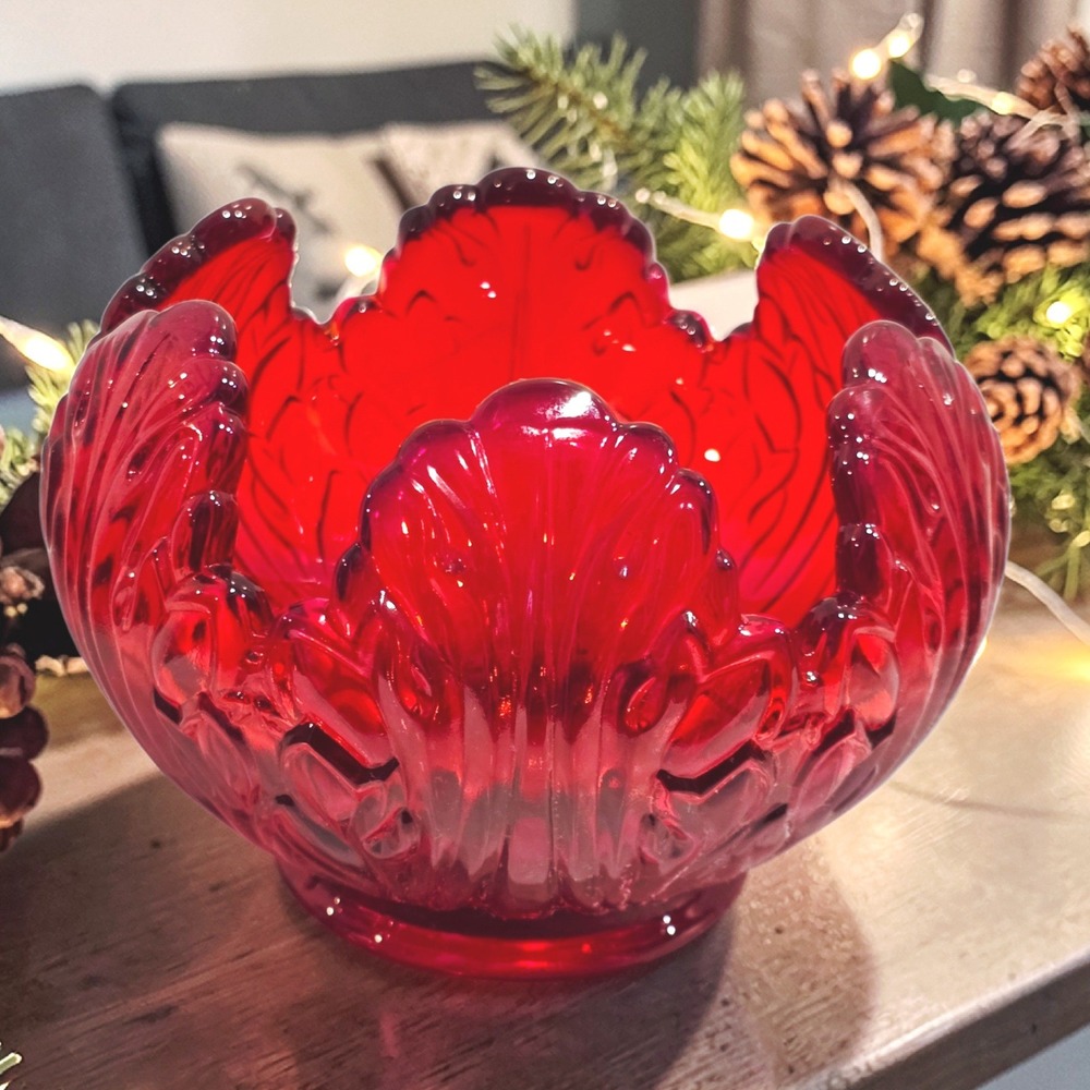 Fenton Ruby Glass Cabbage Leaf Bowl, Red Tableware, Christmas Decor, Candy Dish